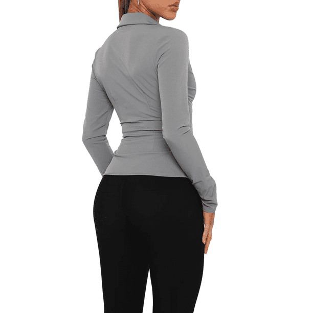 xiaxaixu Women Tops, Long Sleeve Turn-down Collar Zip-up Slim Fit