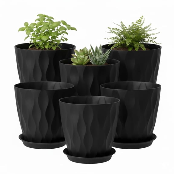 6 Pack 8 Inch Plant Pots , Plastic Flower Pots for Indoor & Outdoor Plants, Planters with Drainage Holes and Saucer (Black)