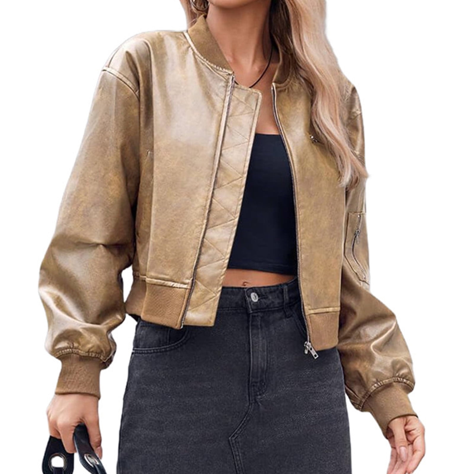 Womens Faux Leather Bomber Jackets Baseball Collar Zip Up Cropped Biker Coat with Pockets