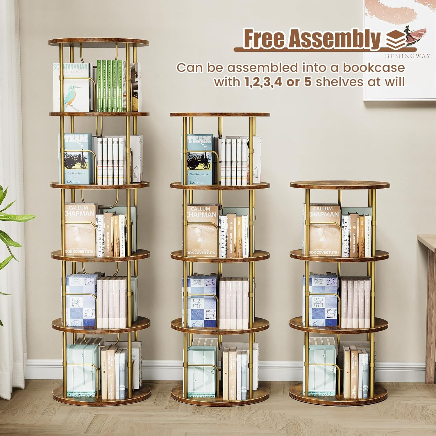 Flycity 3 Tier Rotate Bookcases, 360° Display Spin Bookcases Corner Shelf with Special Visible Partition Storage, Gold