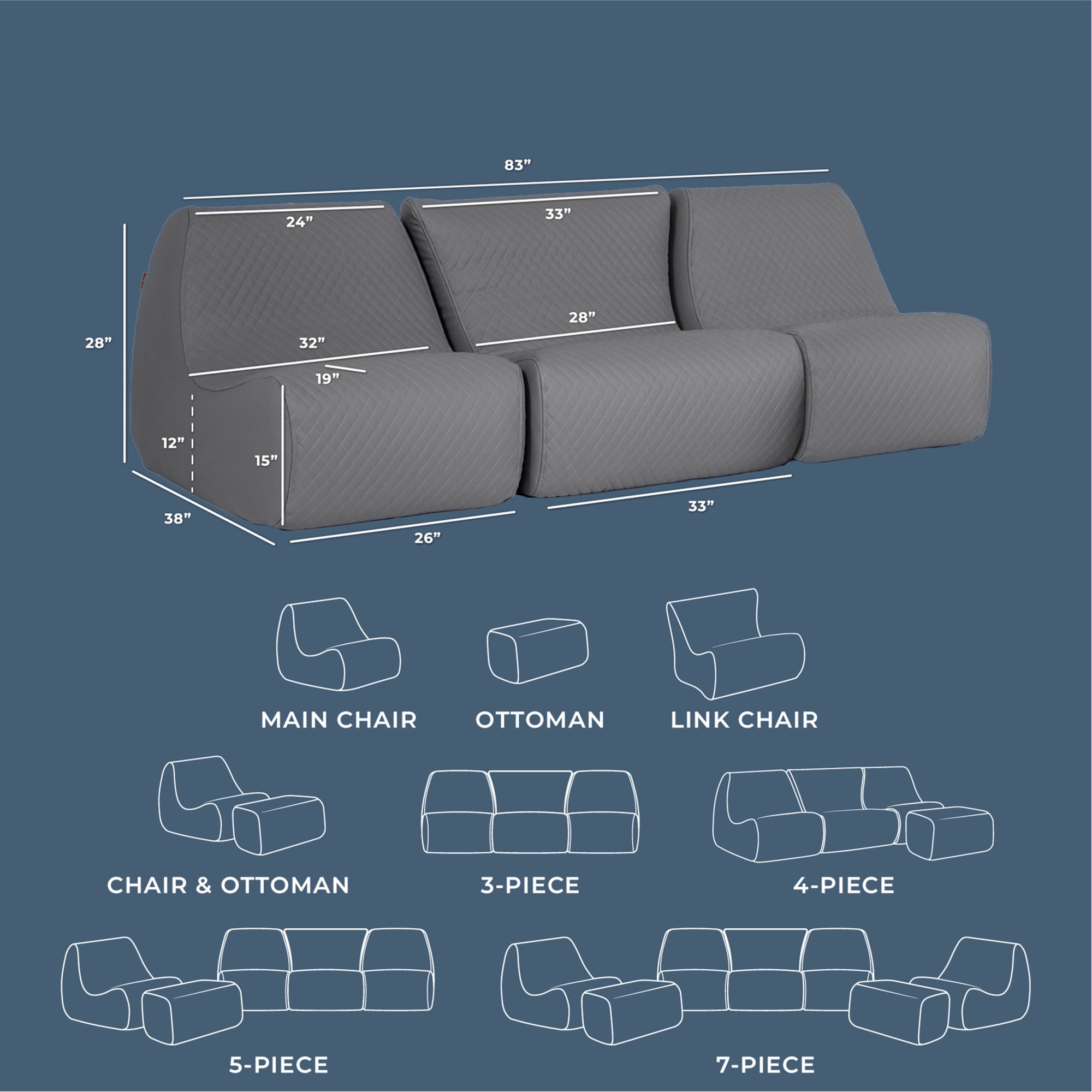 Big Joe Solvana Outdoor Sectional, 3 Piece Patio Furniture Set, Weather-Resistant Cool Touch Silicone Stitched Leather Sofa, Moonlit Gray