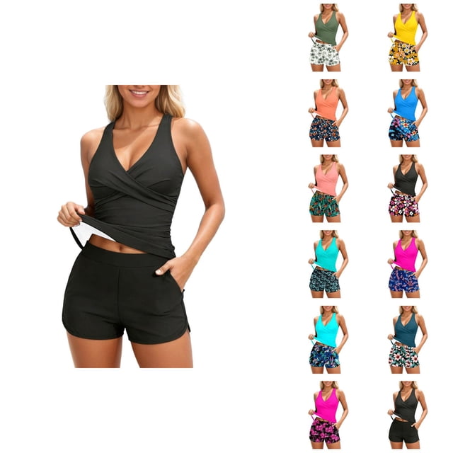 Tankini Swimsuits for Women 2026 Trendy Modest Deep V Neck Crossover Top with Swim Shorts Two Piece Bathing Suits Woman