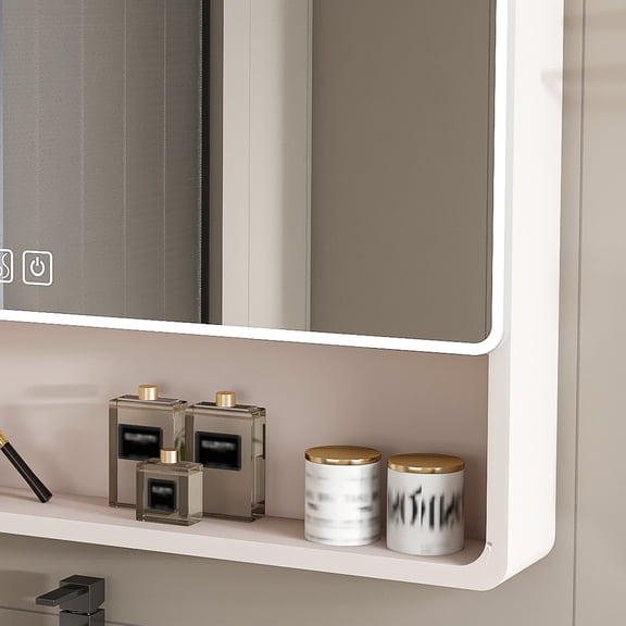 Aluminium Medicine Cabinet Mirror, 35 x 28 Inches Medicine Cabinet with 3 Colors LED Light and Defogging Function, Bathroom Mirror Cabinet with Cosmetic Storage Rack and Hair Dryer Holder, khaki
