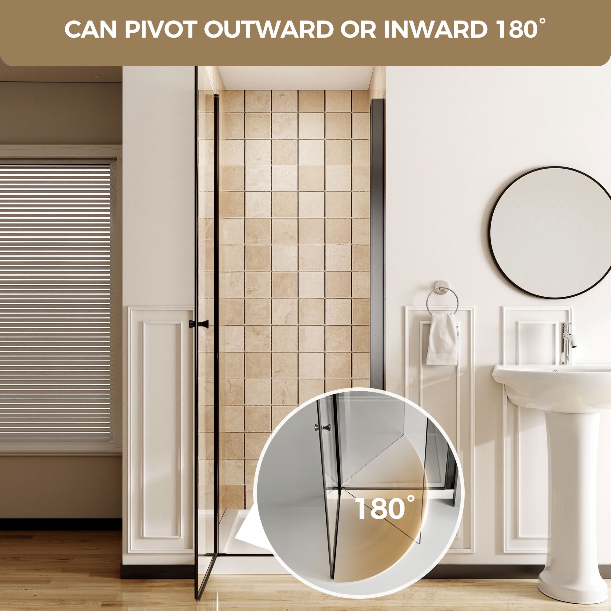MAYEERTY Frameless Pivot Shower Door, Matte Black, 1/4" Tempered Glass with Explosion-Proof Film, Waterproof & 180° Pivot