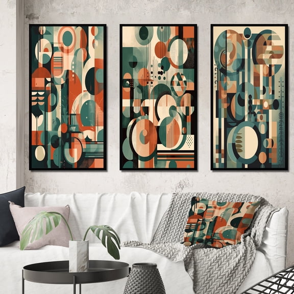 Designart "Artistic Evolution Mid Century IV" Modern Midcentury Framed Wall Art Set Of 3 - Orange Midcentury Frame Gallery Wall Set For Home Decor