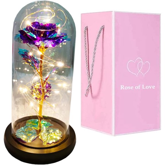 Imoment Rose Gifts for Mom,Galaxy Rose in Glass Dome with LED Light,Purple Colorful Rose Flower Gift for Her,Mom,Grandma