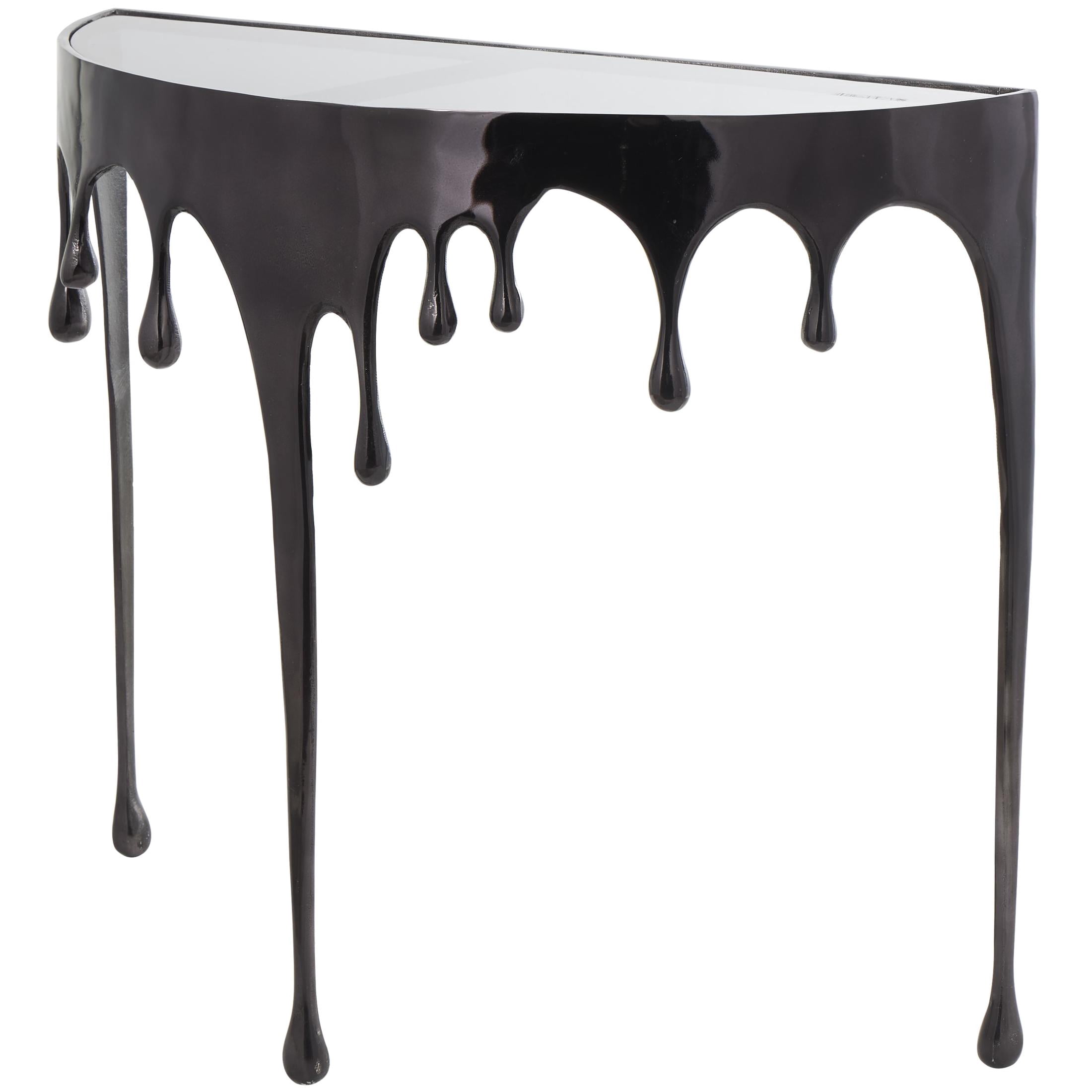 DecMode 36" x 32" Black Aluminum Metal Melting Drip Abstract Console Table with Glass Top, 1-Piece