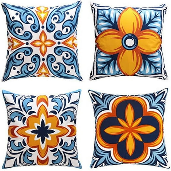 Outdoor Waterproof Throw Pillow Covers for Patio Furniture Set of 4 Floral Printed Boho Decorative Farmhouse Pillow Covers for Co