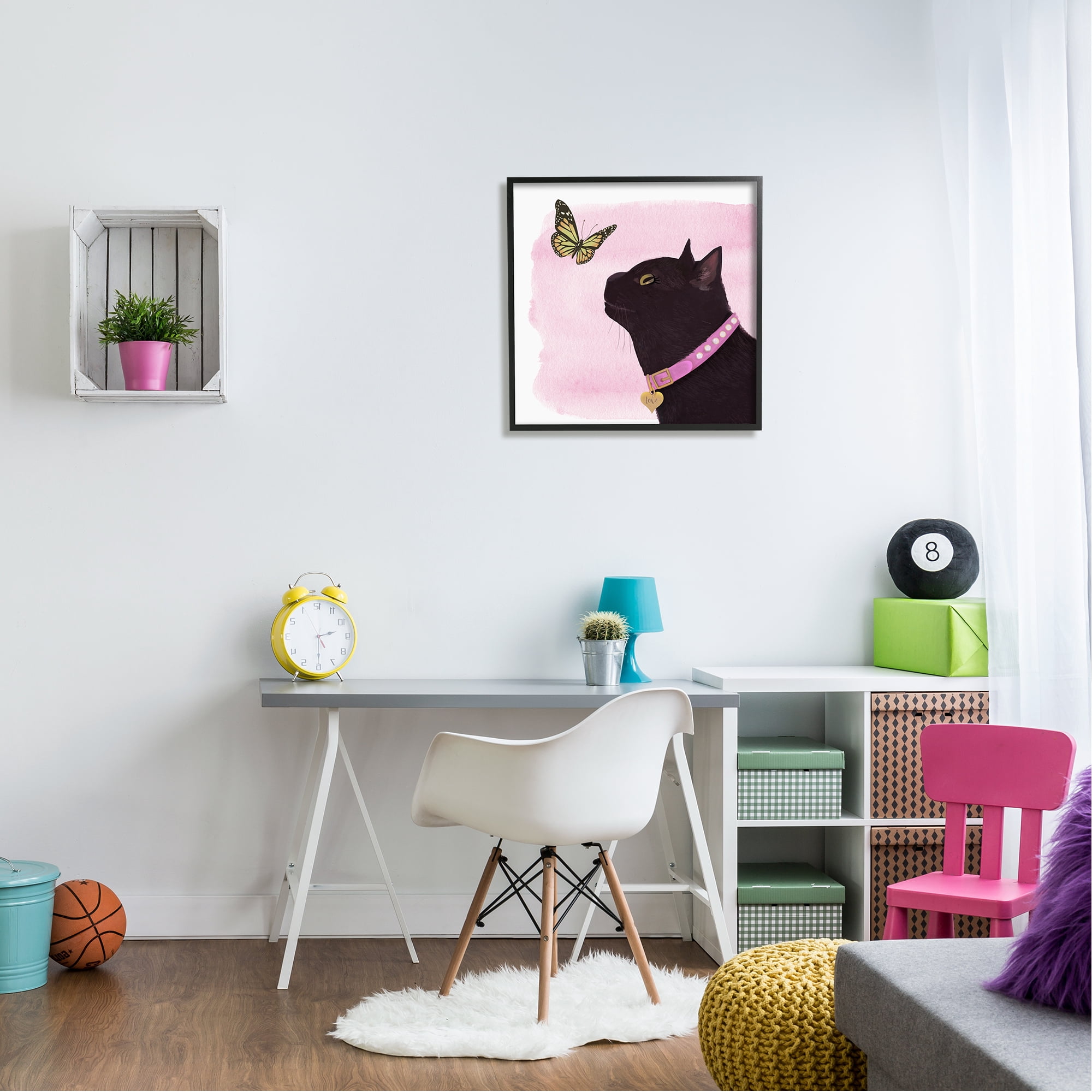 Stupell Industries Black Cat & Butterfly Animals & Insects Painting Black Framed Art Print Wall Art, 24 x 24
