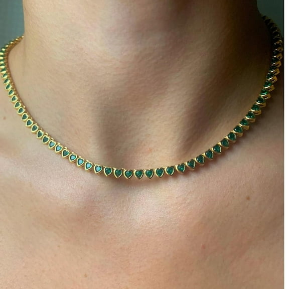 Green CZ Tennis Necklace, Green Heart Tennis Necklace, Gold plated Tennis Necklace, Green Zircon Gemstone Necklace, Heart shaped Tennis Necklace
