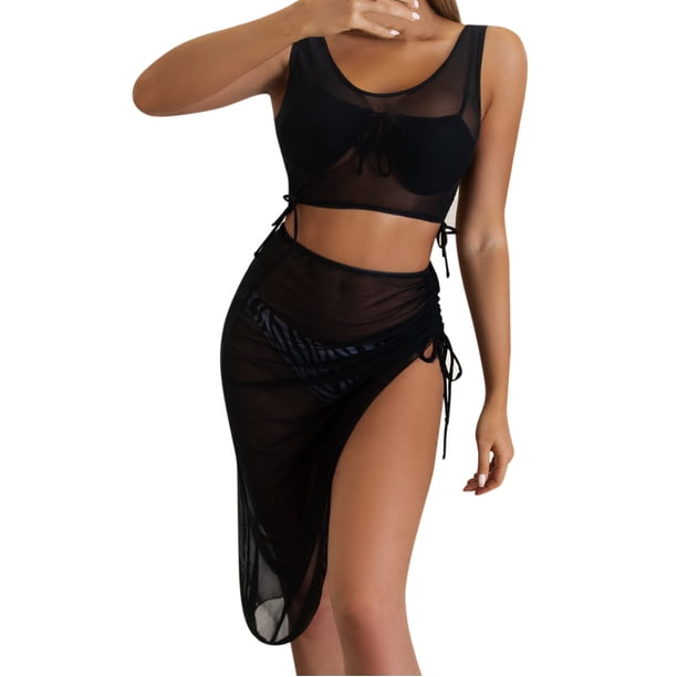 Gibobby faldas para mujer elegante para mujer, conjunto de falda, pareo de playa, pareo de Bikini, conjunto de traje de baño tipo pareo(Negro, M)