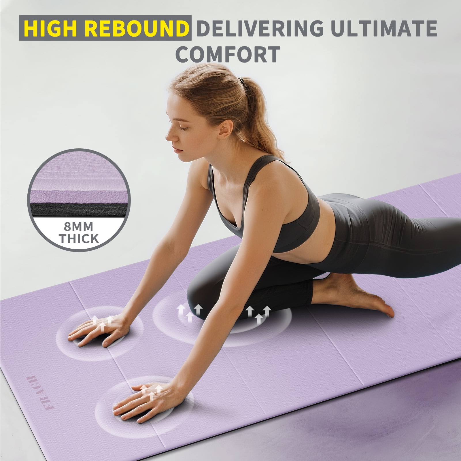 Frach Wide Foldable Yoga Mat Extra Large 75"x32" Fast-Folding & Versatile Use Non-Slip TPE for Workout & Home Gym (Light Purple+Black)