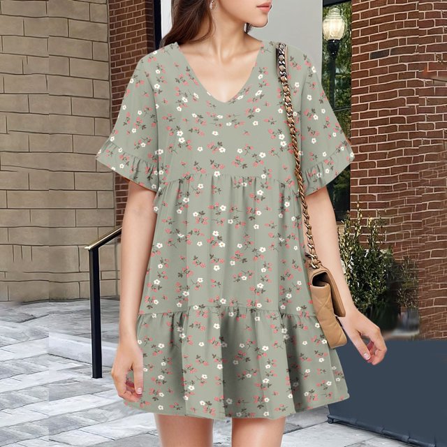 WILLBEST Robe d'Été Marzetti pour Femmes Col en V avec Poches à Volants Manches Courtes