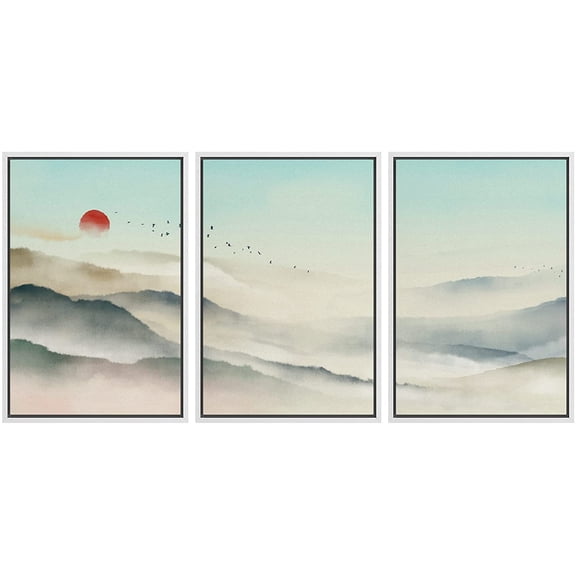 IDEA4WALL Framed Canvas Print Wall Art Set Pastel Mountain Range Misty Valley Nature Wilderness Modern Art Decorative Landscape Rustic for Living Room, Bedroom, Office - 16"x24"x3 White