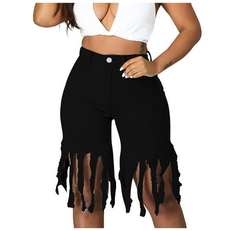 

koaiezne Women Tassel Summer Mid Waist Jean Shorts Frayed Hem Denim Shorts With Pockets Women Short Pajama Set Christmas Womens Jean Dress Short
