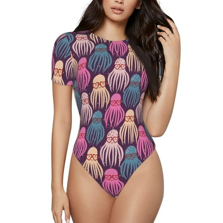 Vsdgher Octopus in love Prinr Short Sleeve Body suit for Womens  Sexy Onesie One Piece Round Neck Bodysuit Shapewear Tummy Control-Small