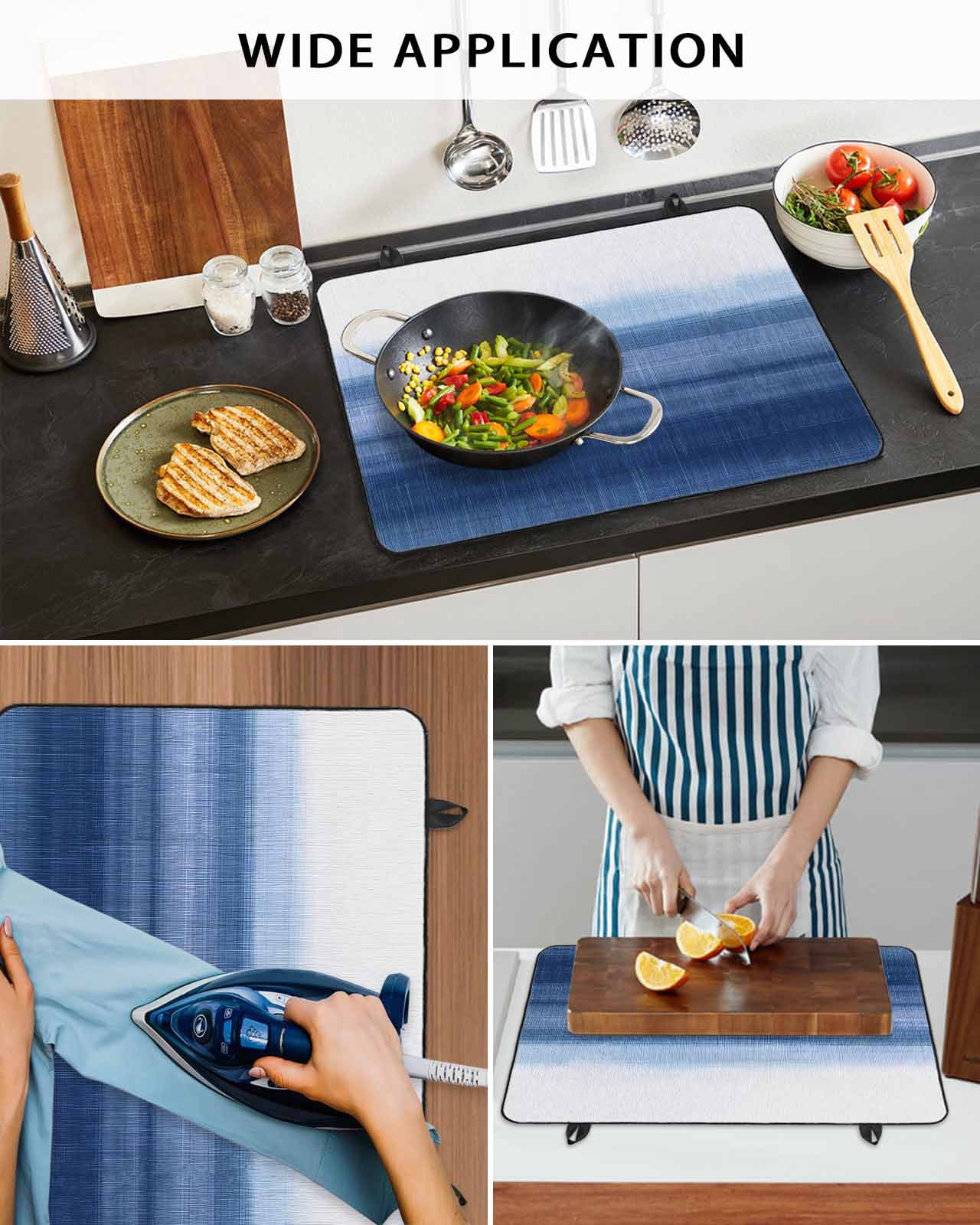 nqOlkjepod Large Induction Cooktop Protector Mat 36"x21", Navy Blue White Ombre Stove Top Covers for Electric Stove, Contemporary Minimalism Stripes Stove Burner Cover Mats, Glass Top Stove Cover