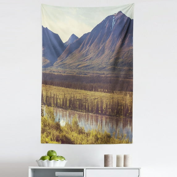 Alaska Tapestry, Mountain and River in Alaska American Countryside Idyllic Rustic Photo, Fabric Wall Hanging Decor for Bedroom Living Room Dorm, 5 Sizes, Forest Green Yellow, by Ambesonne