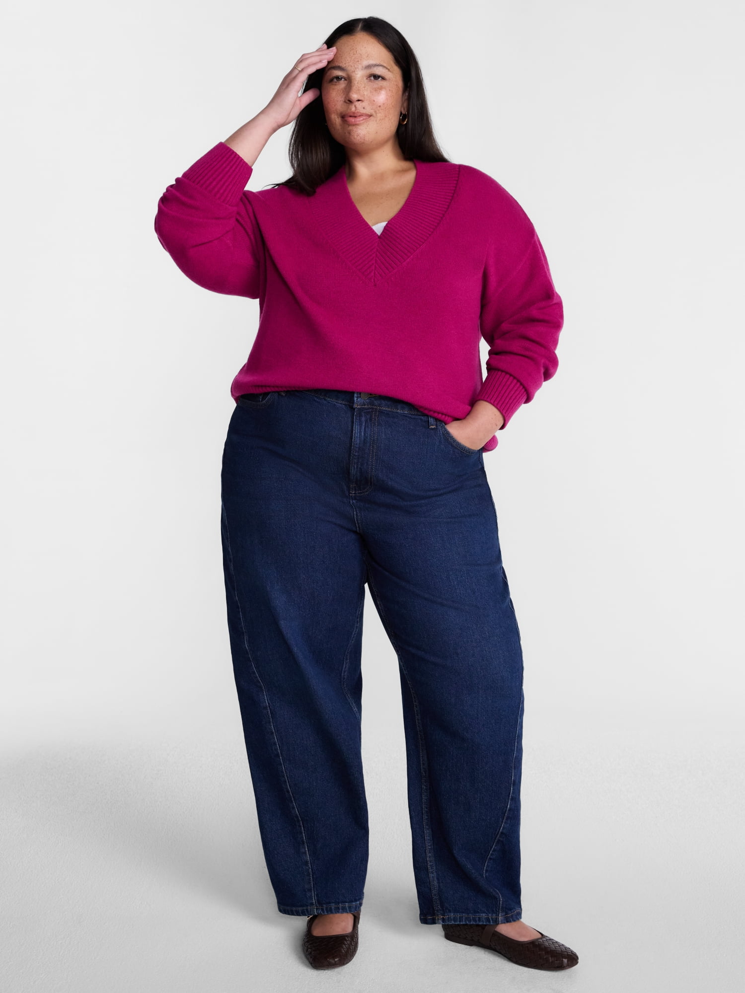 Terra & Sky Women's Plus Deep V-Neck Sweater with Long Sleeves, Midweight, Sizes 0X-5X