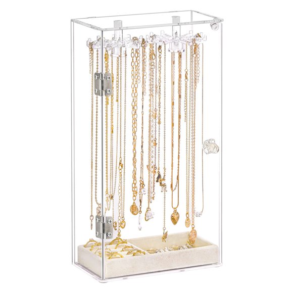 Riforla Acrylic Necklace Display Stand Desktop Jewelry Organizer Box with Door Bracelet Storage Rack Jewelry Box Clear