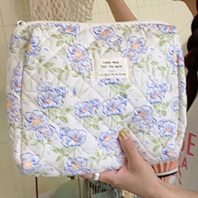 Cartera de maquillaje de dibujos animados para mujer con cremallera para pinceles de viaje (flores) azul