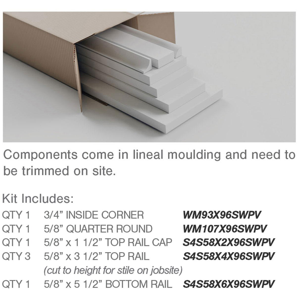 56" Height with 20" Wide Adjustable Wall Panels, Deluxe Shaker 8' PVC Wainscoting Kit, (for heights up to 56"H)