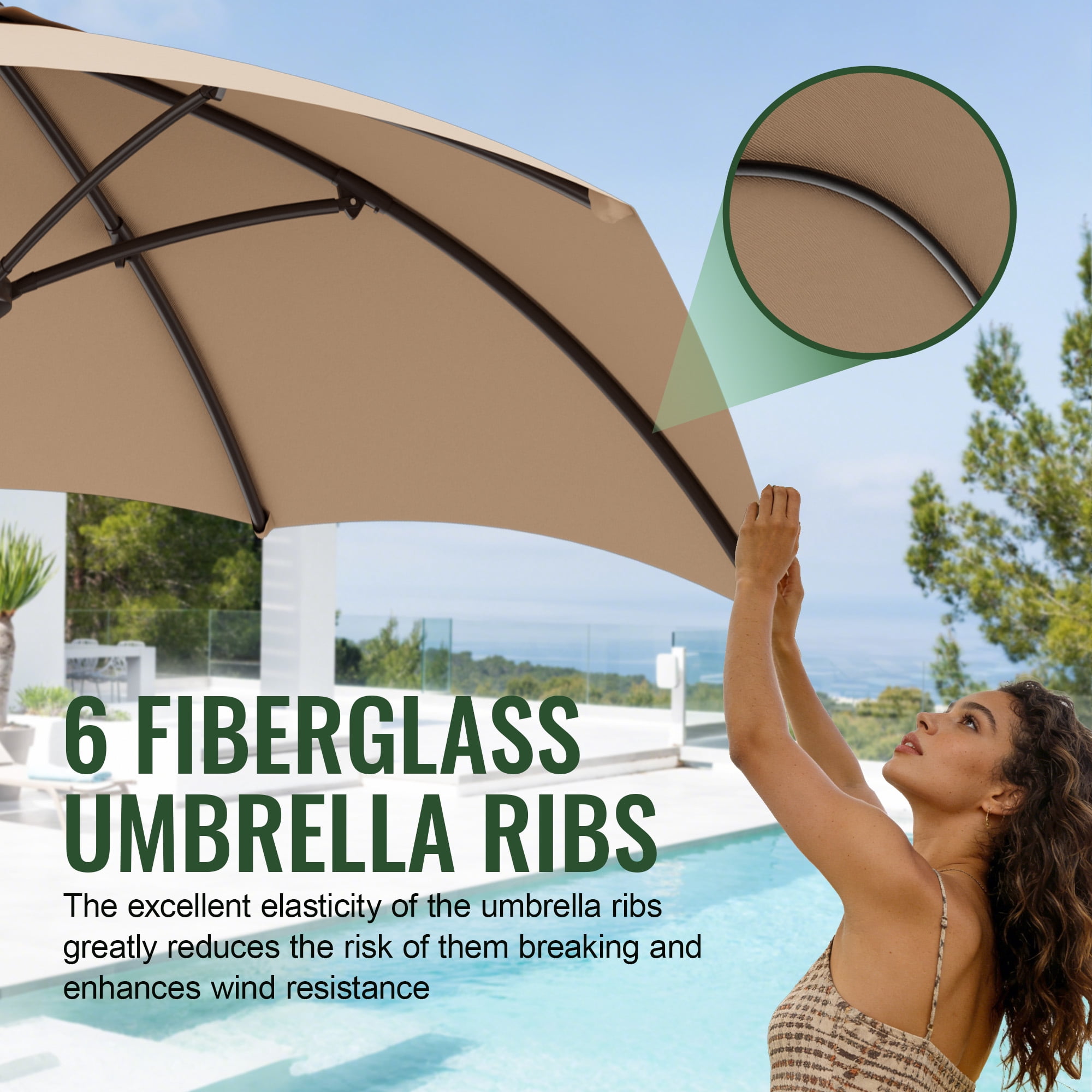 Easthome 7.5' Patio Umbrella Outdoor Table Market Umbrella with Smooth Crank handle, 6 Ribs, Backyard, Poolside, Garden - Beige