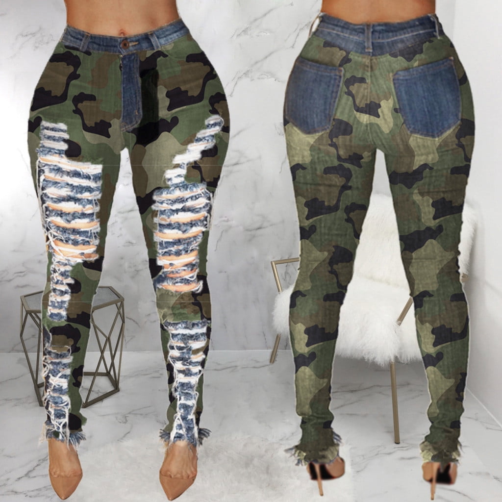 Womens Camouflage Print Hole Button Zipper Pocket Jeans Casual Denim ...