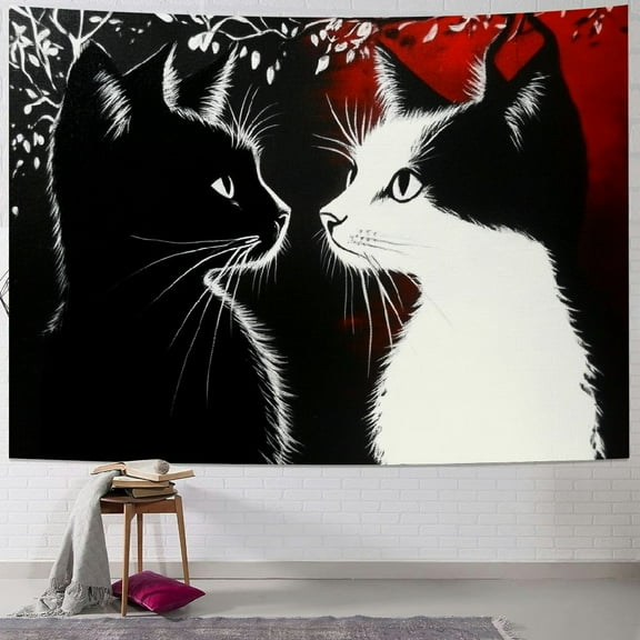 BCIIG Cats Couple Tapestry Red and Black Tapestries for Room Valentine's Day Wall Hangings Art Cute Cat Home Decoration Gift Bedroom Decor Living Room Divider Door 40x30inch