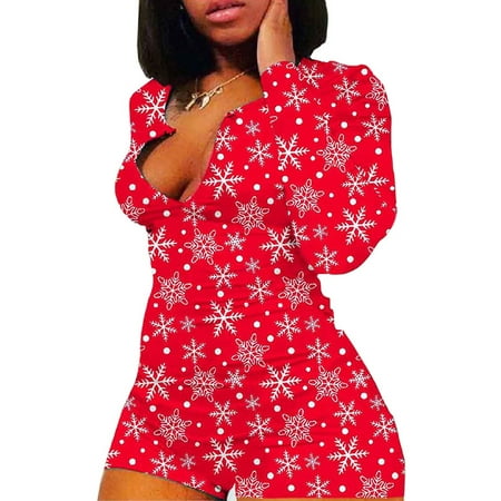 

wsevypo Women s One-Piece Pajamas Bodysuit V-Neck Long Sleeve Shorts Jumpsuit Snowflake Onsies Romper