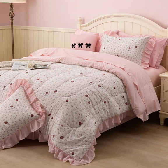 Red Bow Comforter Set,Ruffle 6Pcs Bed in a Bag Matching Sheet Set, Bowknot Bedding Sets,Princess Style Strawberry Flower Printed Room Decor for Girls,Full