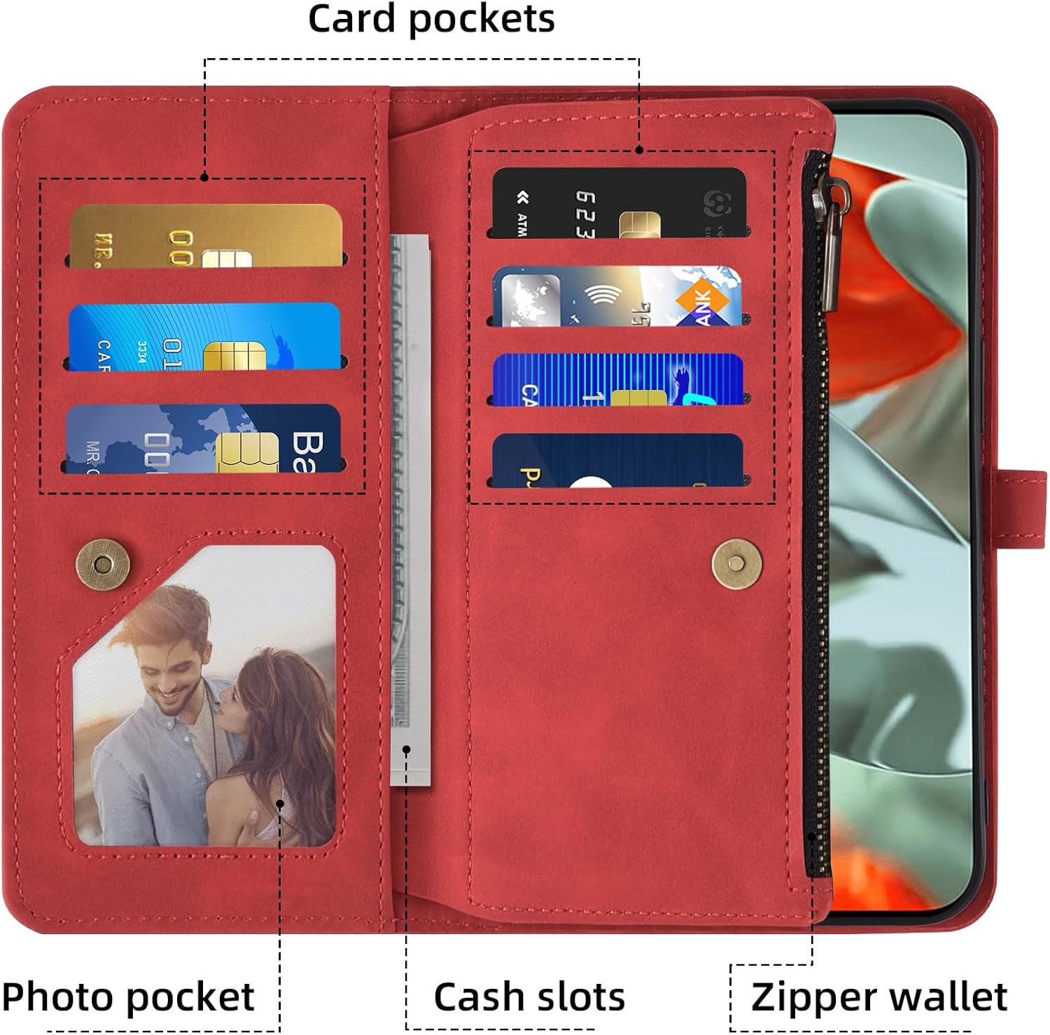Asuwish Phone Case for Google Pixel 9 Pro XL Wallet Cover With Tempered Glass Screen Protector Crossbody Wrist Strap Flip Pattern Zipper Credit Card Holder Cell Pixel9 9Pro 9ProXL Nine Women Men Red