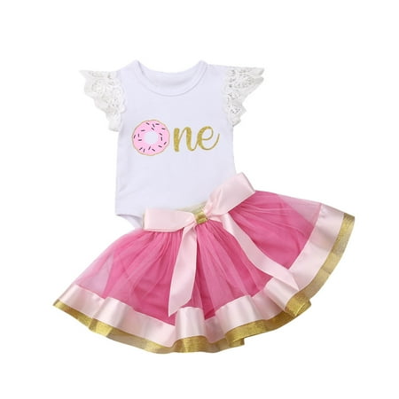 

Baby Girls 2PCS Set Letter & Donut Ruffle Sleeve Romper Waist Bow TuTu Skirt Set
