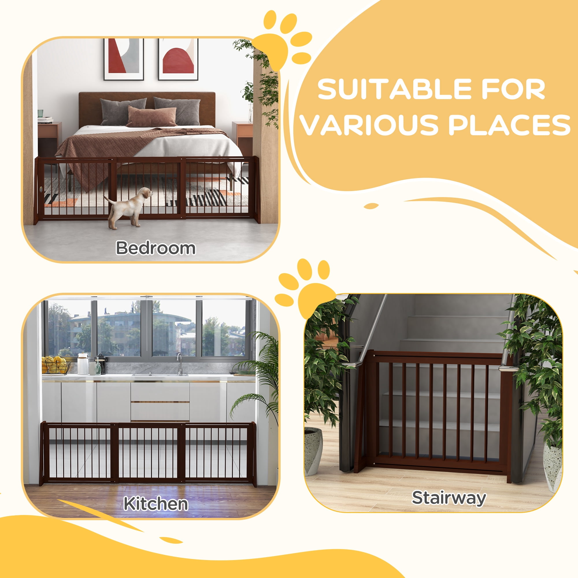 PawHut Freestanding Pet Gate with Retractable Length, 28"-75", Brown