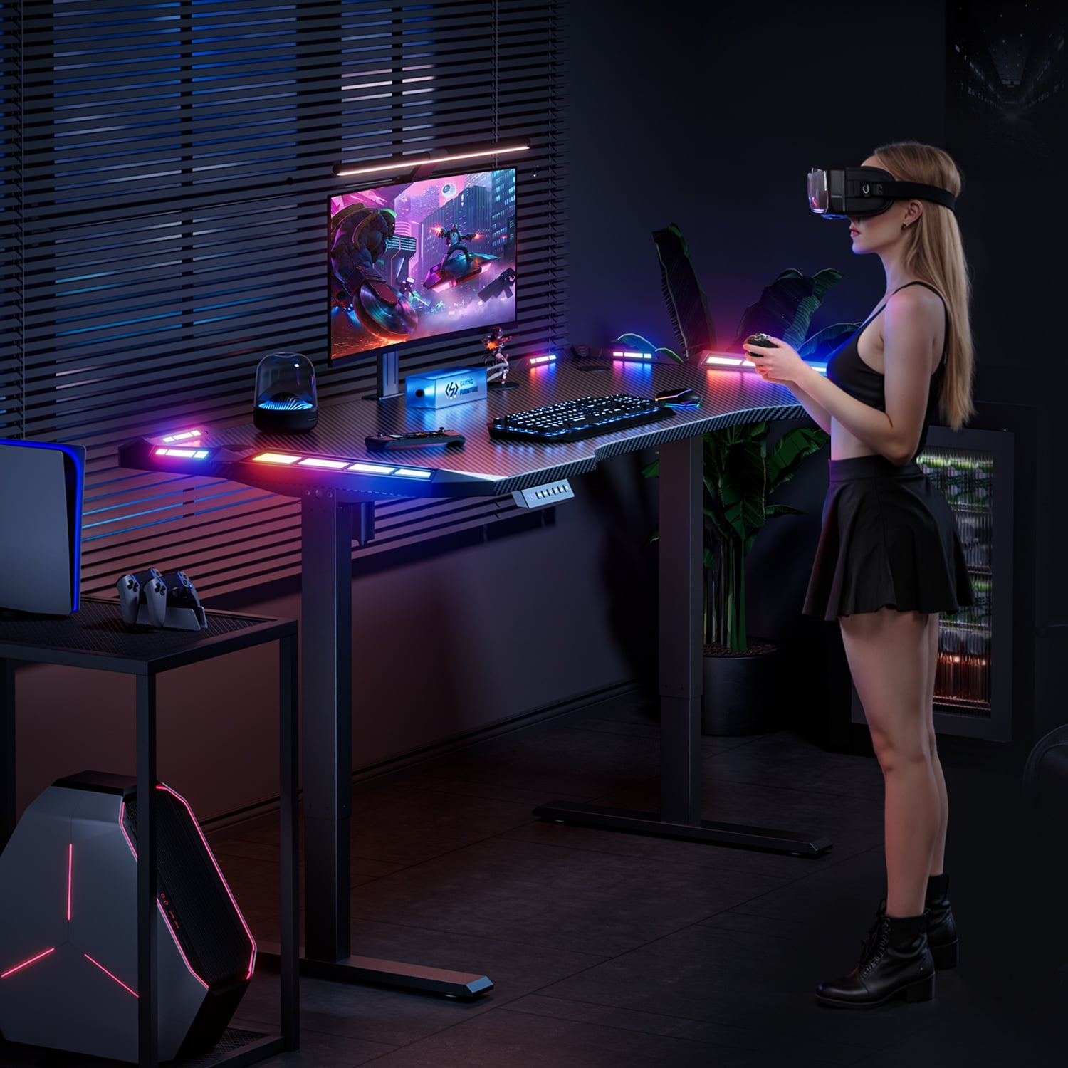 47 inch Gaming Standing Desk with LED Lights & Headphone Hook, Electric Height Adjustable Desk, Sit Stand up Desk with 3 Memory Preset,Computer Desk for Home Office
