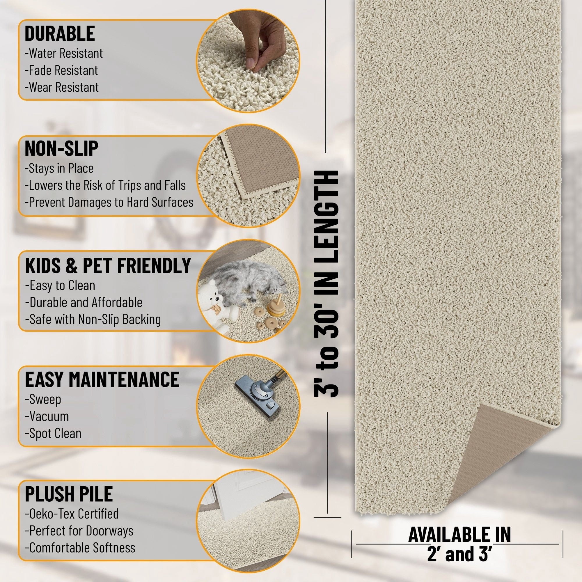 Ottomanson 2x3 Non-Slip Shag Area Rug Plush Small Bedside Rug for Bedroom & Bathroom, 2' x 3', Cream