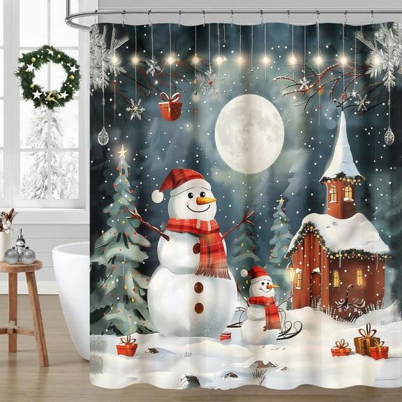 OVZME Winter Holiday Shower Curtain, Xmas Snowflake and Jolly Snowman Design for Merry Christmas Bathroom Decor, Waterproof 72x72 Inch
