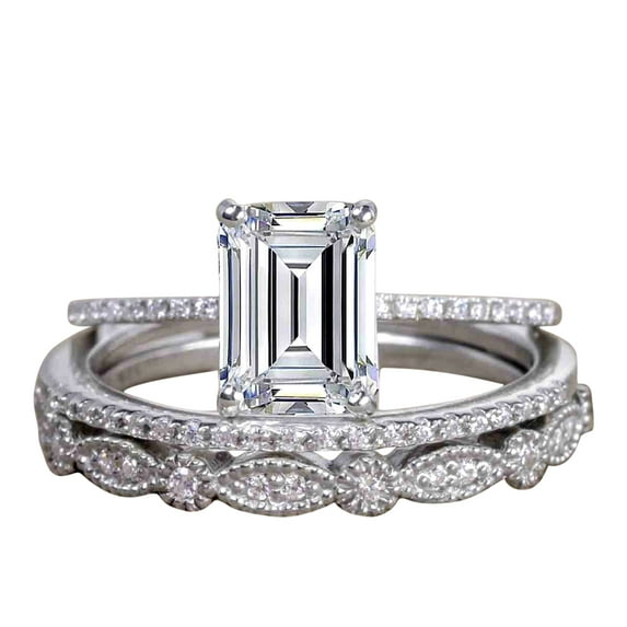 1.50 Carat Moissanite & Moissanite Trio Bridal Ring Set in Emerald cut with 18k Gold Plating