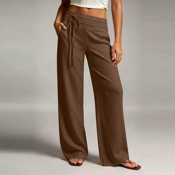 Puyaiuu Women High Waist Drawstring Cotton Linen Wide Leg Palazzo Pants Flowy Loose Casual Summer Beach Vacation Trousers With Side Pockets Multiple Solid Colors Gift