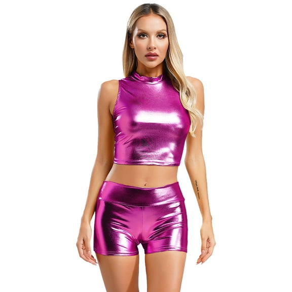 dPois Womens Club Stage Costume Metallic Mock Neck Sleeveless Crop Top with Shiny Shorts for Dance Hot Pink M