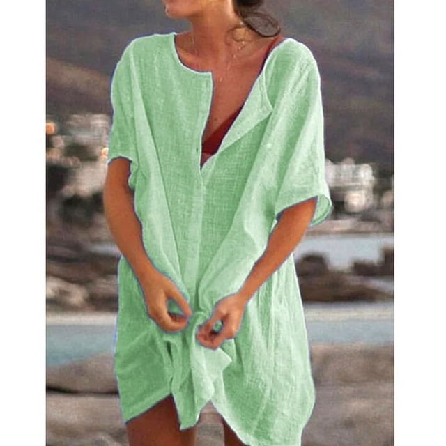 Faithtur Bikini pour Femmes Cover-Ups Couleur Unie Col Rond Manches Courtes Boutonné Chemises d'Été Mini Robe de Plage