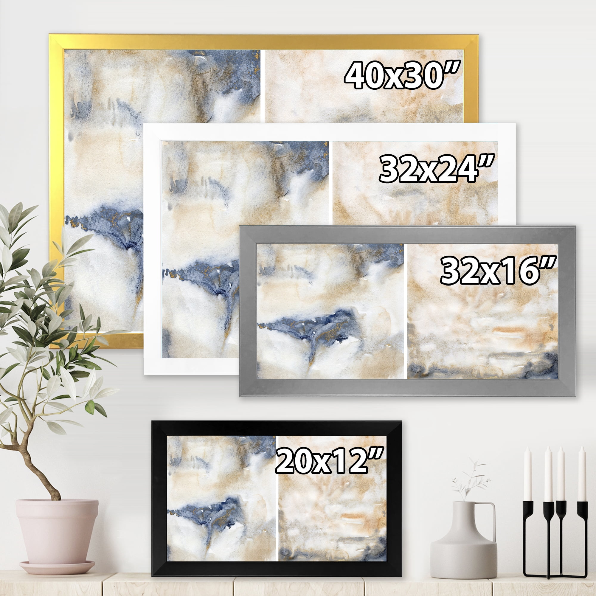 Designart 'Abstract Gold Beige Pink and Dark Pastel Strokes' Modern Framed Art Print