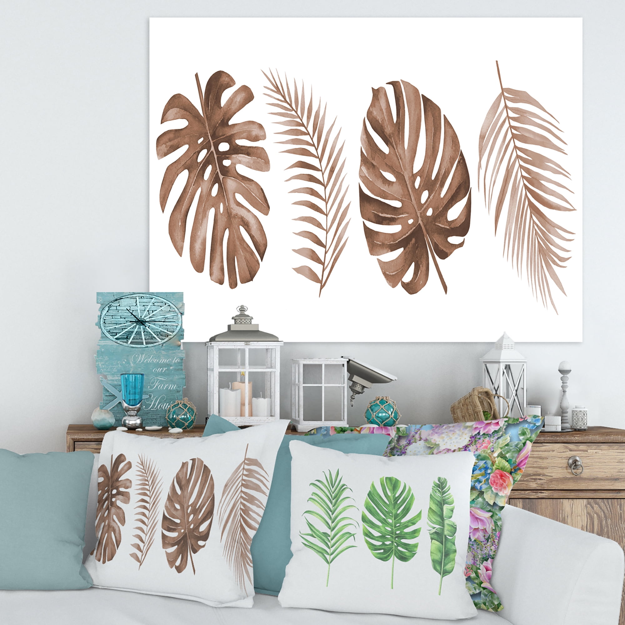 Tropical Palm and Monstera Leaf In Terracotta 32 in x 16 in Painting Canvas Art Print, by Designart