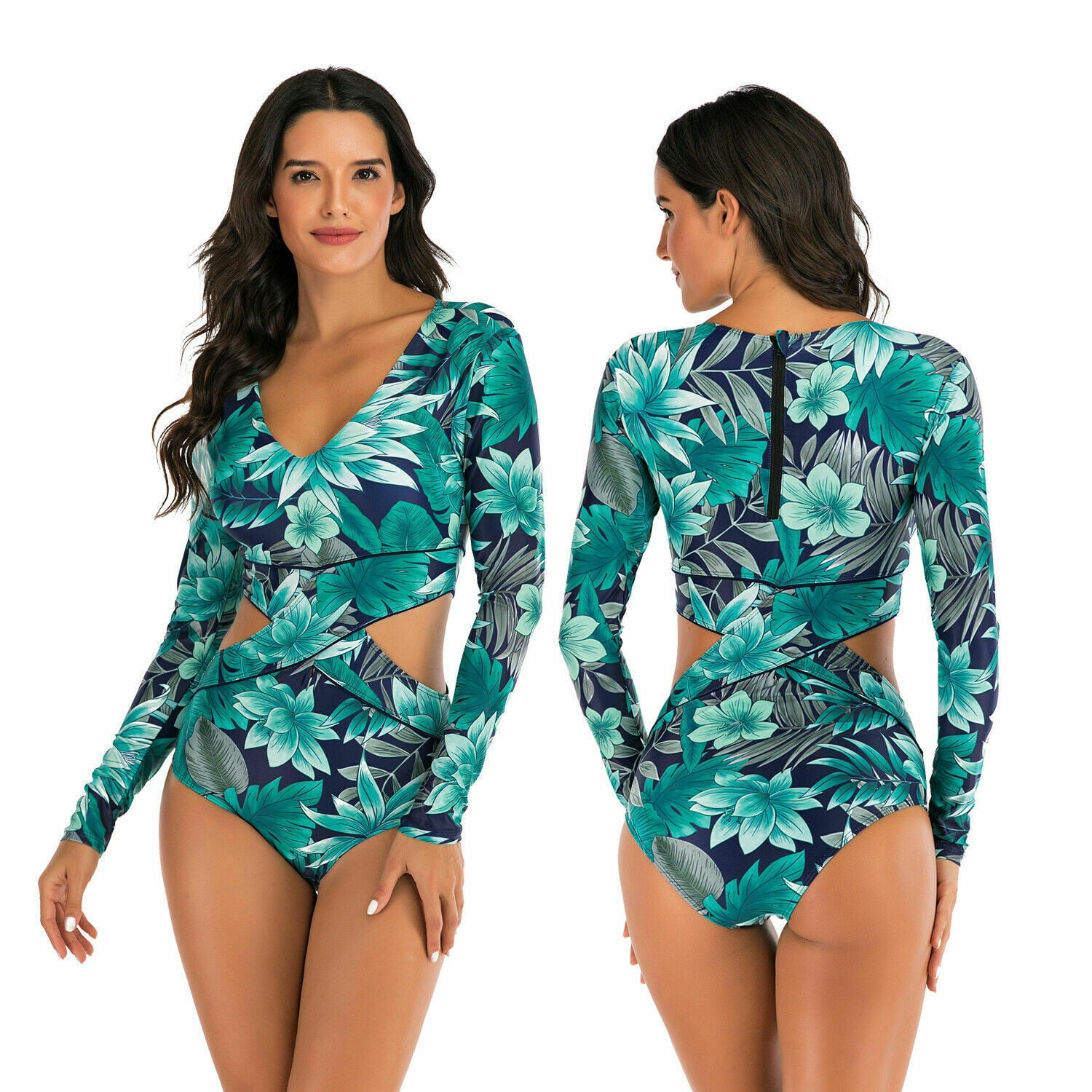 Sun Protection Printed Zipper Surfing Bathing Suit Solid Color Swimwear StyleV Womens Long Sleeve One Piece Swimsuit Rash Guard UV UPF 50