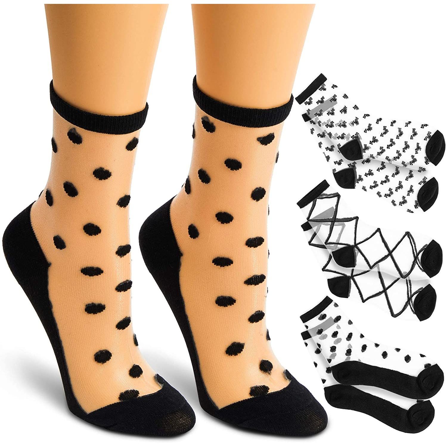 Zodaca 3Pack Sheer Mesh Transparent Socks for Women, Fashion Lace