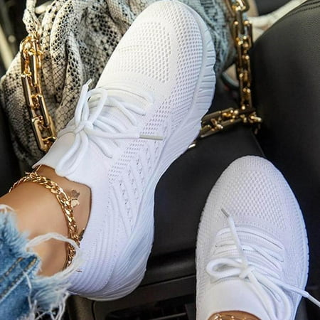 

XWQWJH Thick sole solid color front lace up fly knit dad shoes