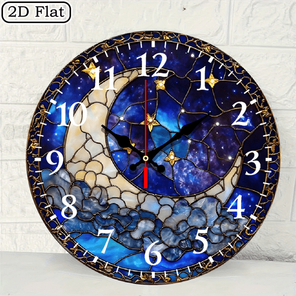 2D flat wooden wall clock, goodnight moon wall clock, silent clock, living room bedroom, room decoration, office, Christmas, New Year, Valentine's Day decoration 10 * 10 inches, easy to hang