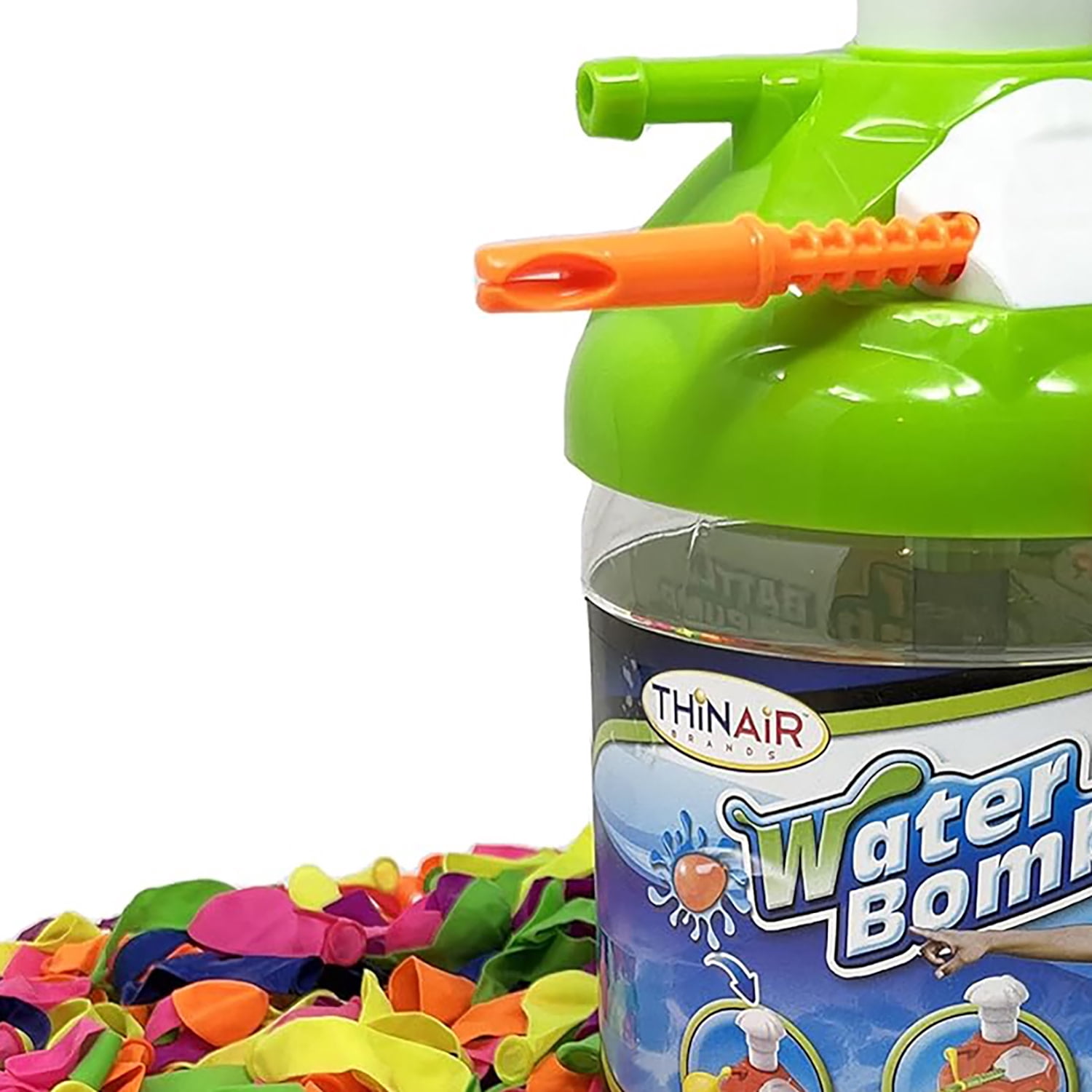 Scooba Duck: Water Bomb Battle Pump - 300 Balloons & Inflator, Tying Tool, Assorted Portable Container Lid Color - Yellow-Green-Orange-Blue, Kids 3+