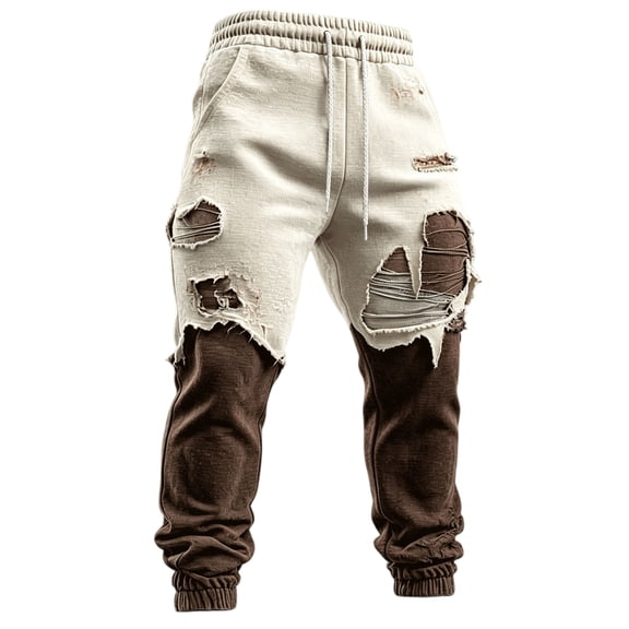 Rexolia Mens Gothic Zombie Jogger Sweatpants Distressed Patchwork Drawstring Cuffed Halloween Street Beige L