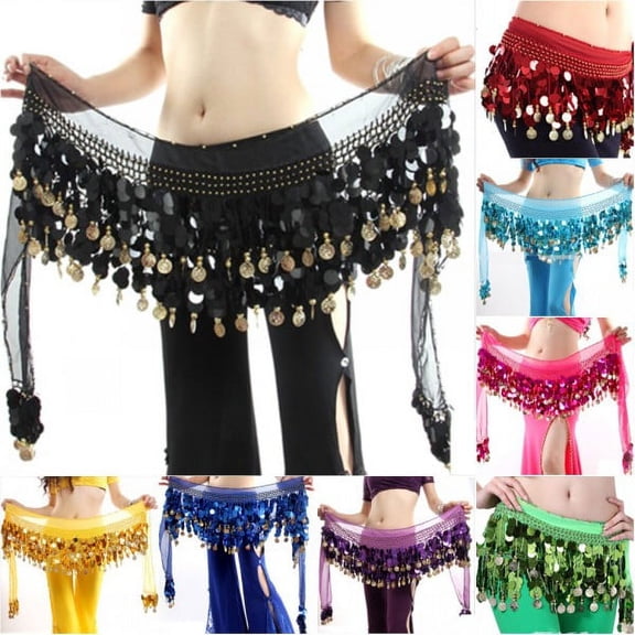 Multi Color Chiffon Belly Dance Hip Wrap Scarf Coin Sequin Waistband Skirt Drop Shipping